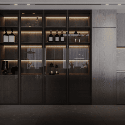 Sleek kitchen with illuminated shelves