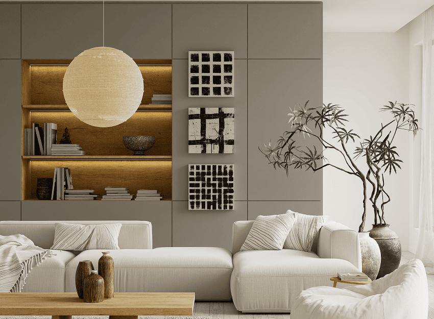 Modern living room with white sofas